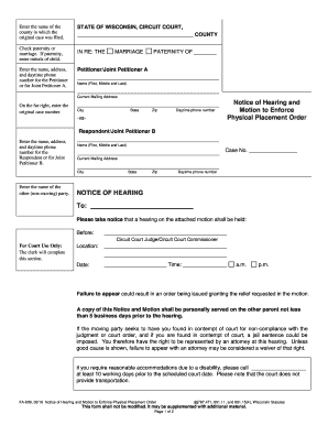  FA 609 Petition to Enforce Physical Placement Order Wisconsin Wicourts 2008-2024