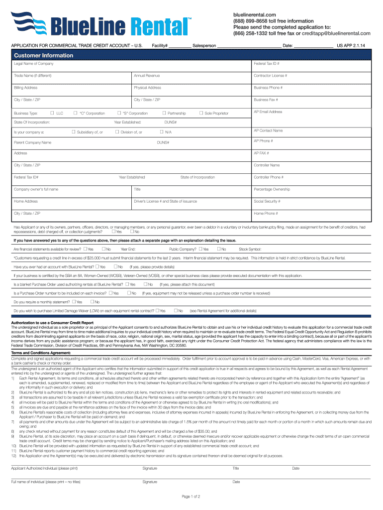 Credit Application BlueLine Rental  Form