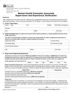 Mental Health Counselor Associate Supervision and Experience Verification DOH 670 128 This Form Provides Verification of Supervi