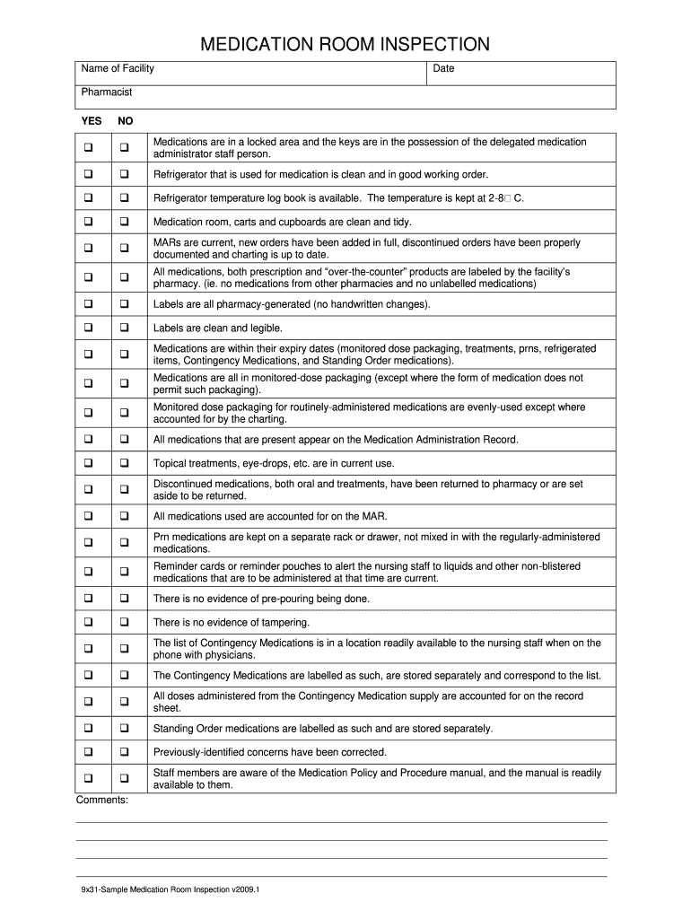 Medication Room Audit Checklist  Form
