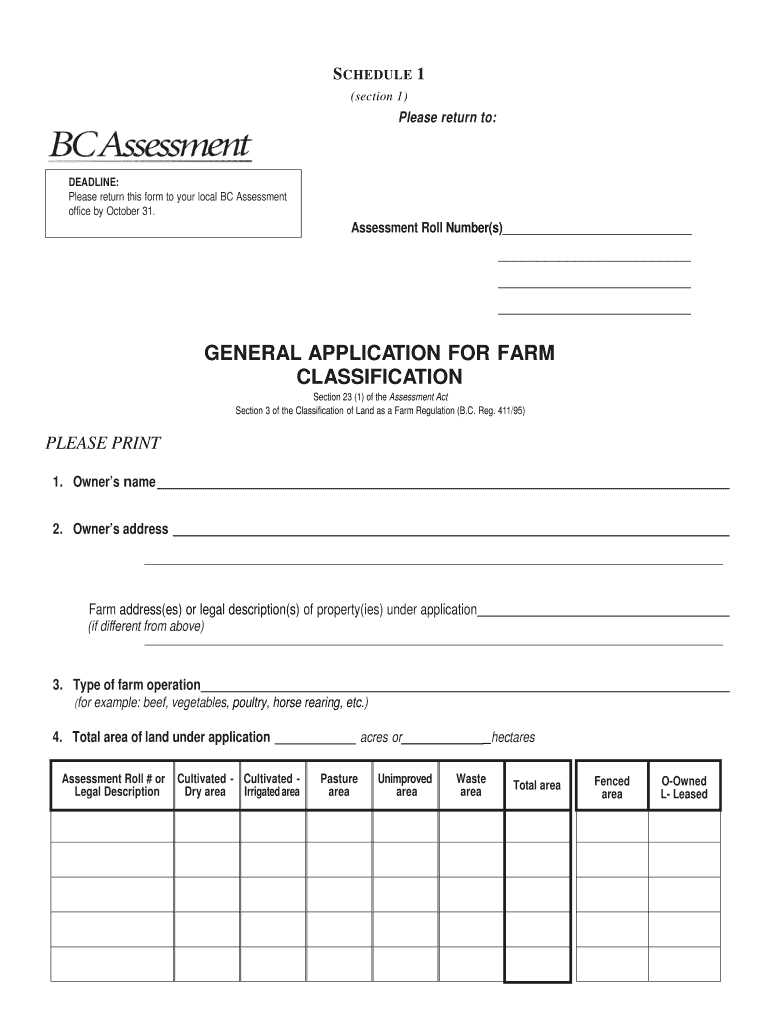 General Application for Farm Classification BC Assessment Form