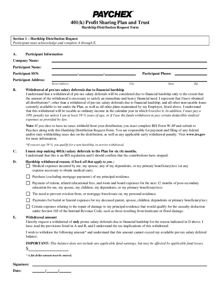 Get and Sign Paychex Retirement Services Initial Hardship Request Form 2007-2022