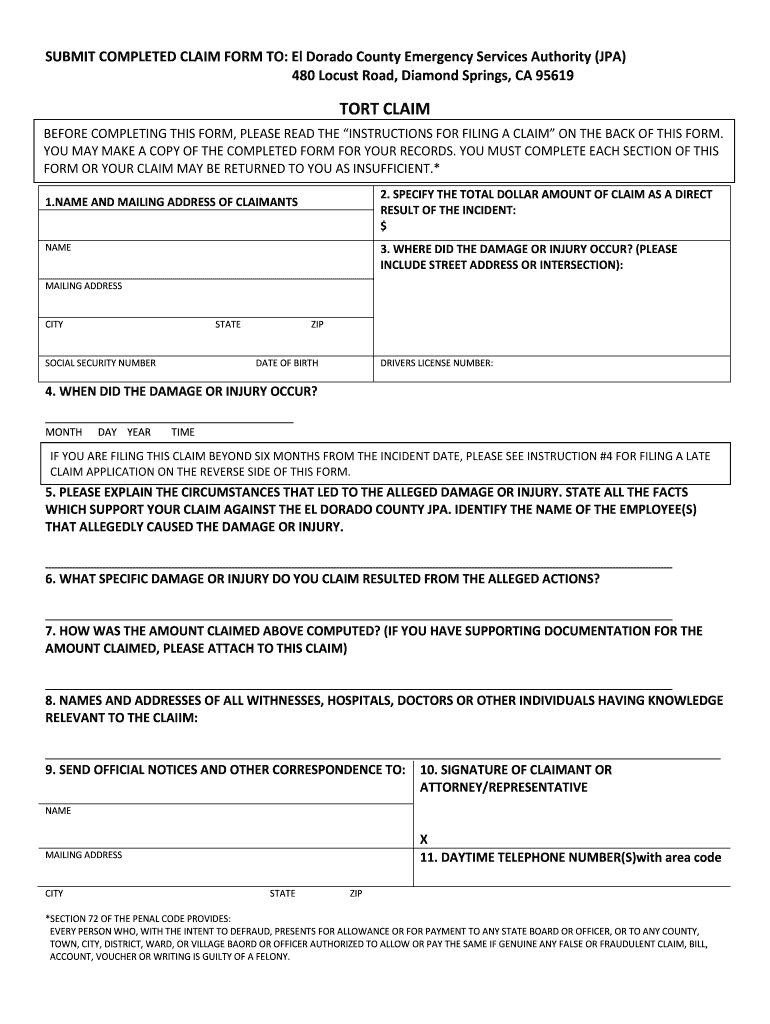 El Dorado County Tort Claims Form