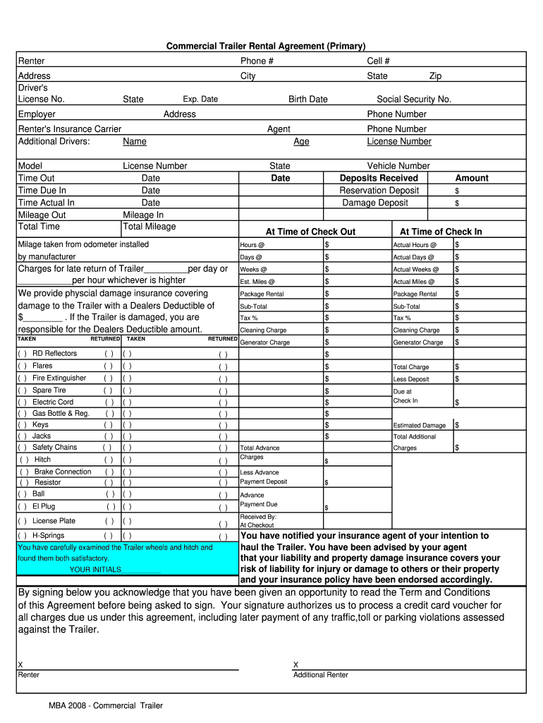  Rental Agreemnt Forms for Frac Sand Chassis Trailer 2008-2024