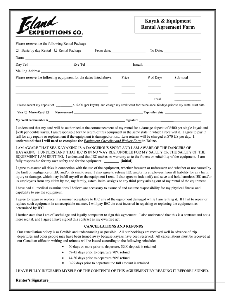 Kayak Rental Agreement Form