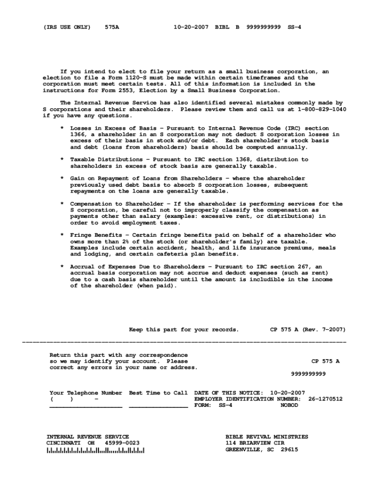 CP 575 a Notice  Bible Revival Ministries  Form