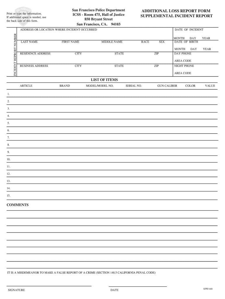 ADDITIONAL LOSS REPORT FORM SUPPLEMENTAL INCIDENT    Parkstation