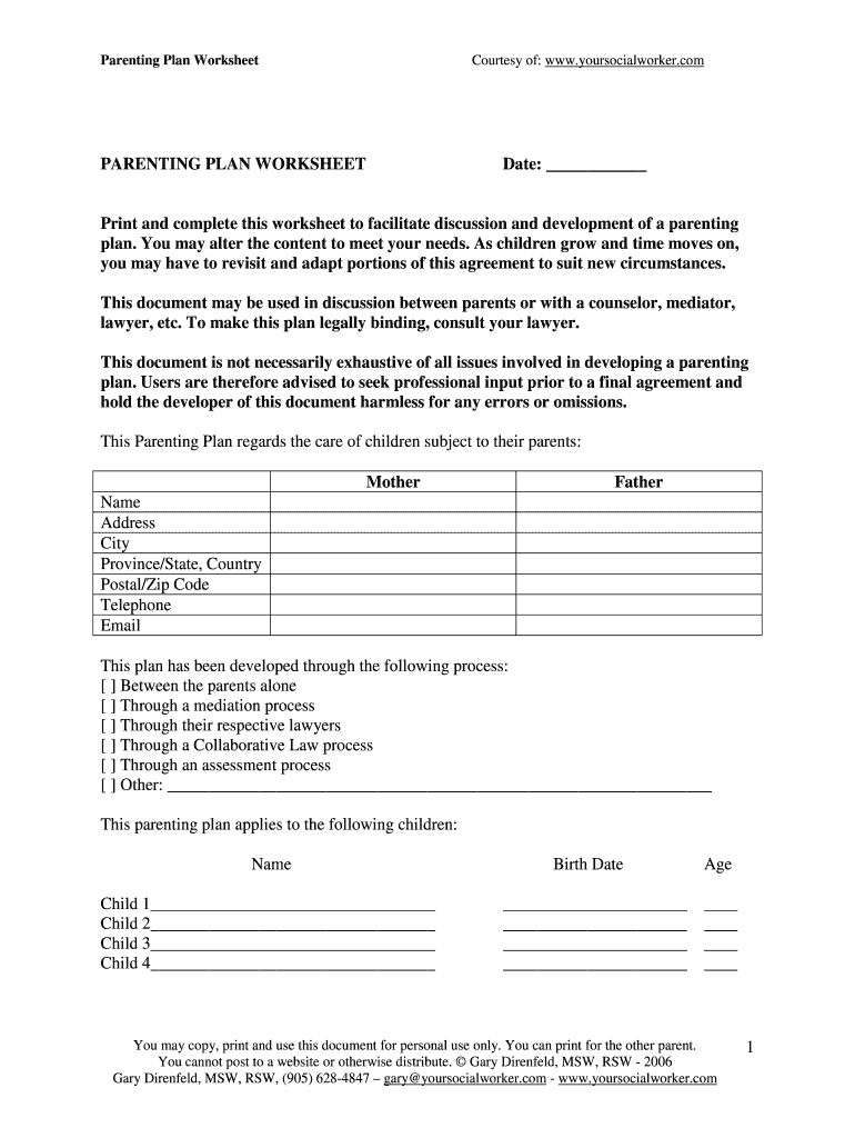Parenting Plan Worksheet  Form