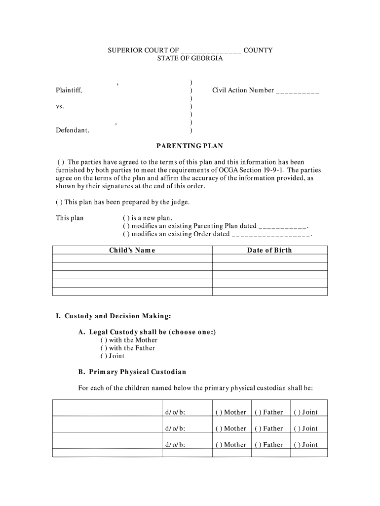 Parenting Plan Form  Adobe PDF  Georgia&#39;s Eighth Judicial District  Eighthdistrict