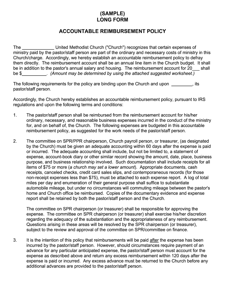 SAMPLE LONG FORM ACCOUNTABLE REIMBURSEMENT POLICY