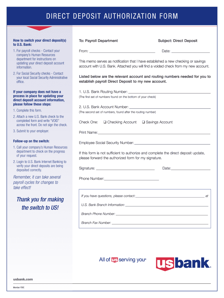 Us Bank Direct Deposit Form: get and sign the form in seconds