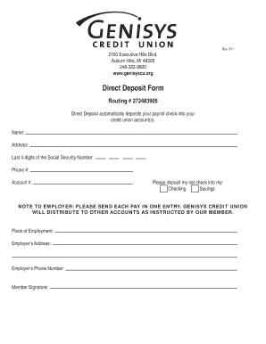 Genisys Credit Union Direct Deposit Form