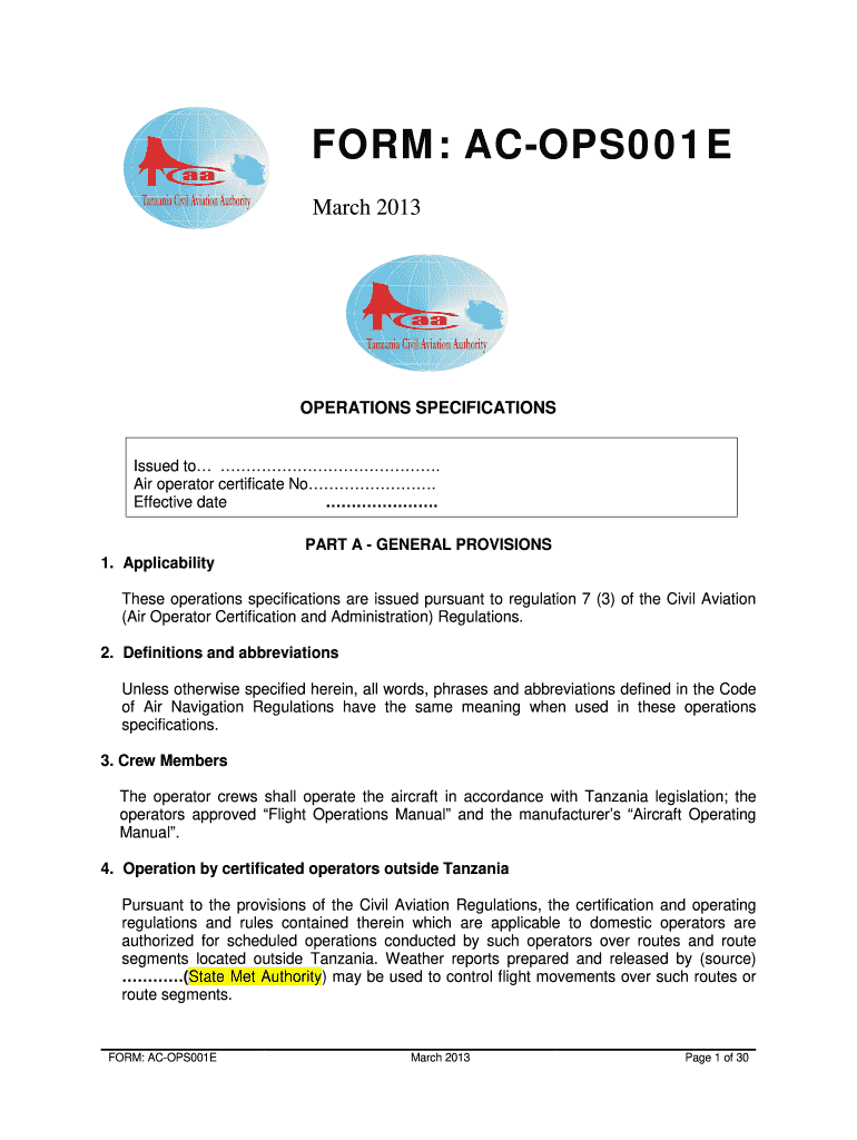  Operations Specifications Format Tanzania Civil Aviation Authority 2013-2024