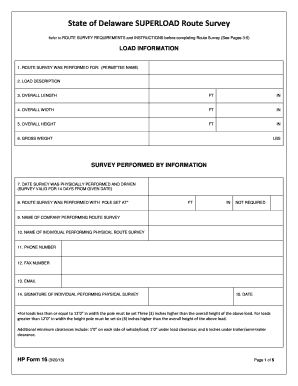 State of Delaware Superload Route Survey Form Hp Form 16