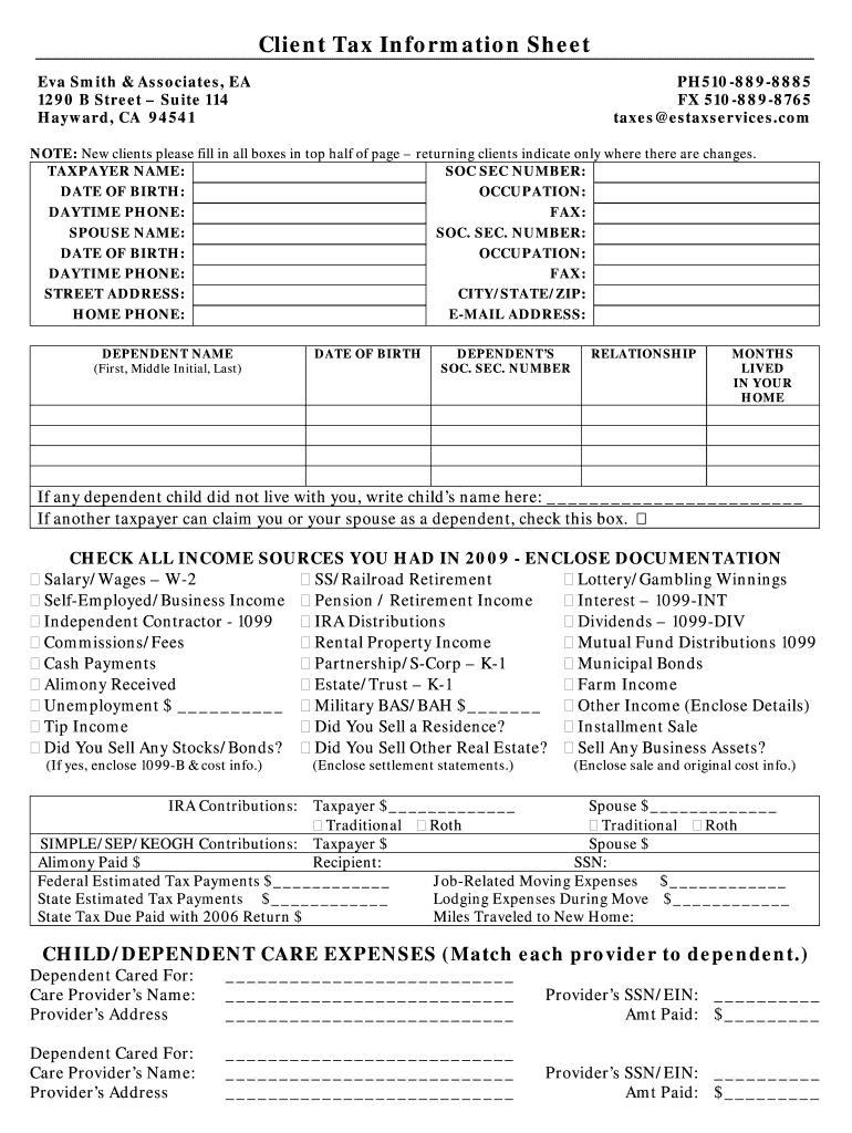 Client Tax Information Sheet Eva Smith &amp; Associates