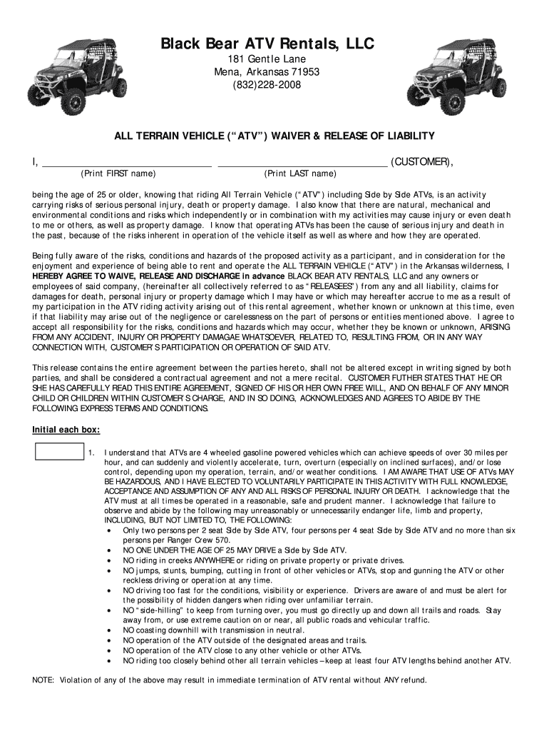 To Download and Print Liability Release Form  Black Bear ATV Rentals