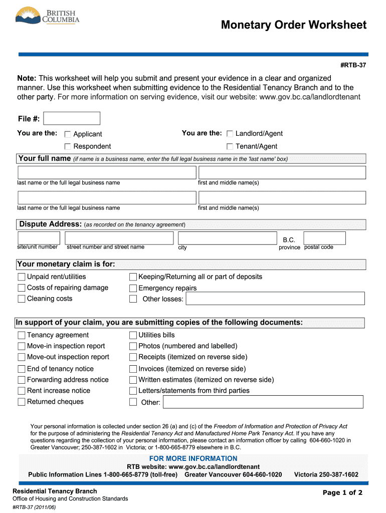 Monetary Order Worksheet Rtb 37  Form
