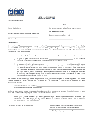 Notice of Actual Lockout for Non Payment of Rent Premier Property  Form