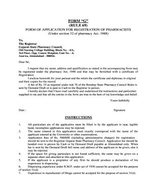 Form G for Pharmacy Registration