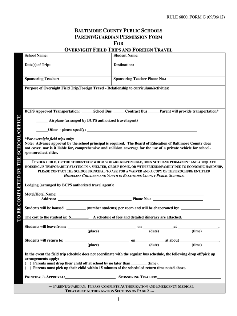  Bcps Field Trip Permission Form Rule 6800 Form I 2012