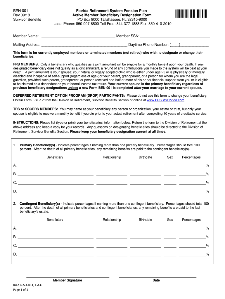  Beneficiary Designation Form BEN 001  Rol Frs State Fl Us  Retirement  Rol Frs State Fl 2013