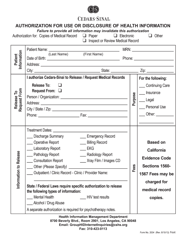  Cedars Sinai Authorization Form 2013