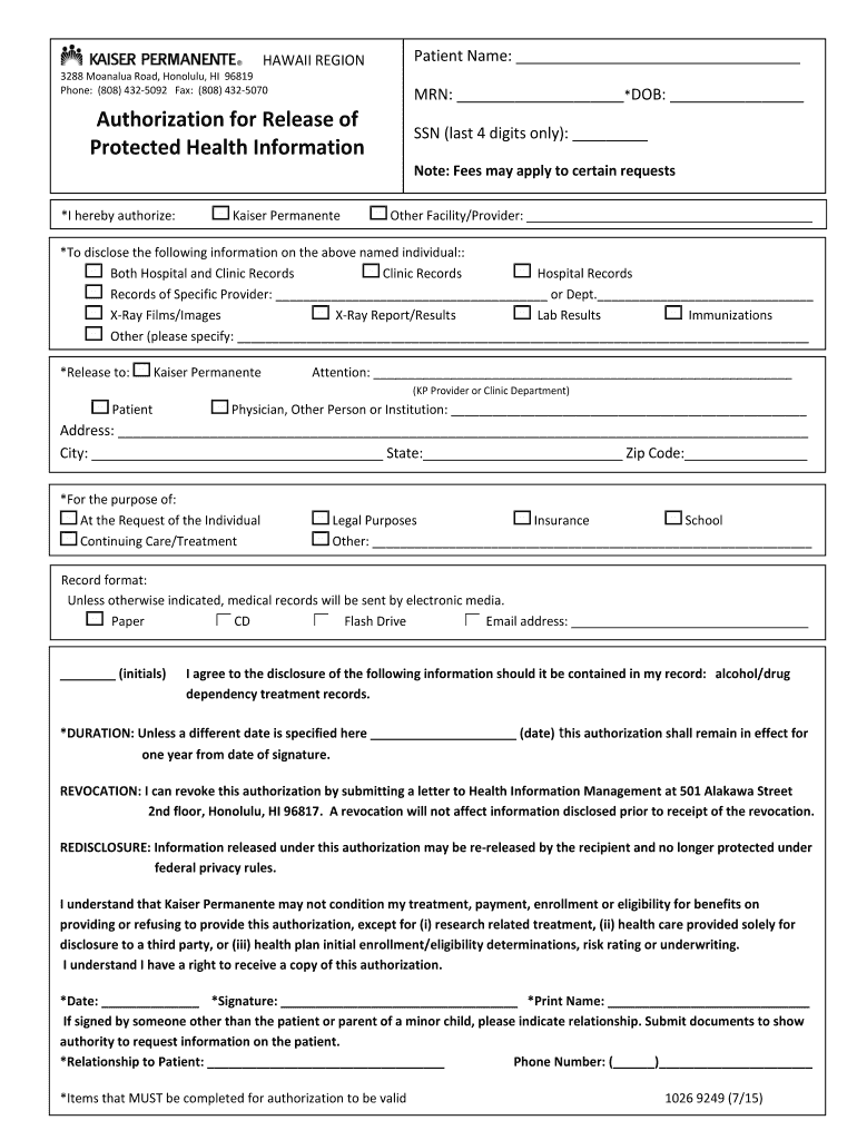 Kaiser Hawaii Medical Records  Form