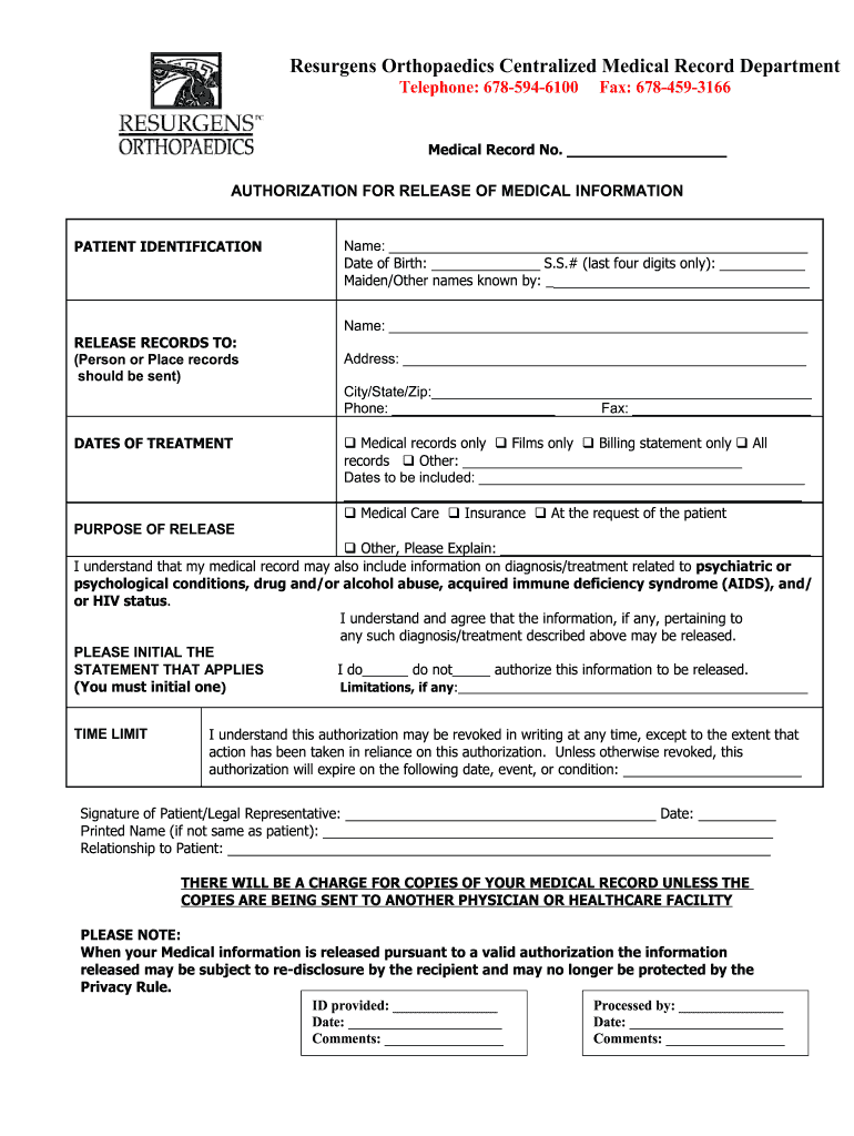 Resurgens Orthopaedics Medical Records  Form