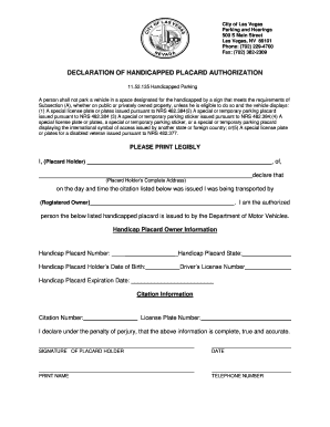 Declaration of Handicap Authorization Form City of Las Vegas Lasvegasnevada