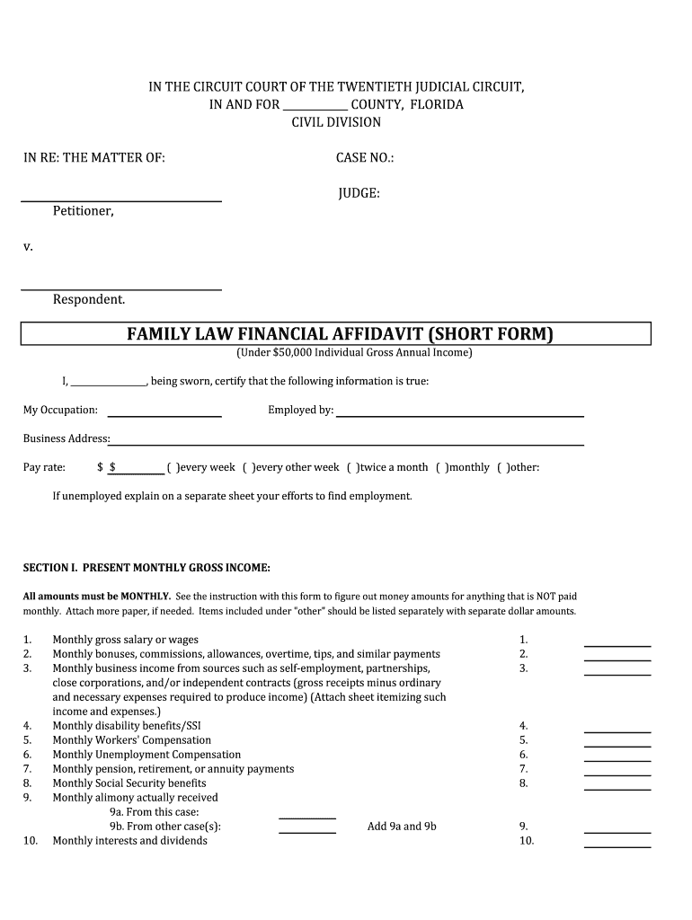Pasco County Financial Affidavit Short Form