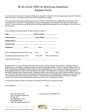 W 2G, Form 1099, or WinLoss Statement Request Kiowa Casino
