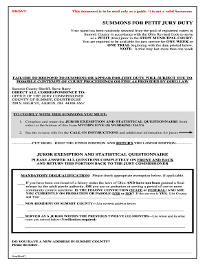 BSUMMONSb for PETIT JURY DUTY Summit County Court of Bb  Form