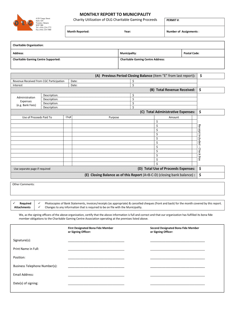 Olg Monthly Report to Municipality  Form