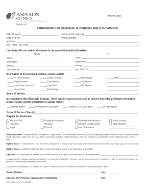 AUTHORIZATION for DISCLOSURE of PROTECTED Aspirus Aspirus  Form