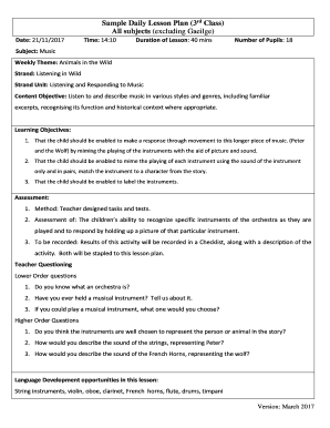 Sample Daily Lesson Plan 3rd Class  Form