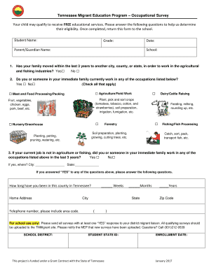 Tennessee Migrant Education Program Occupational Survey  Form