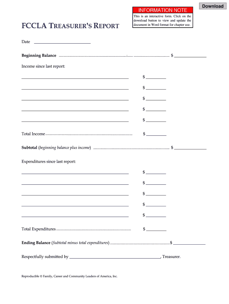 FCCLA TREASURER&#039;S REPORT  Form