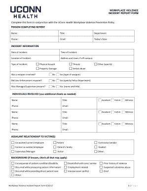Complete This Form in Conjunction with the UConn Health Workplace Violence Prevention Policy