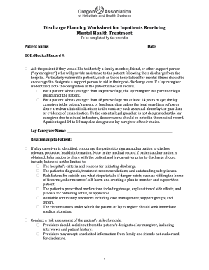 Discharge Planning Mental Health Worksheet  Form