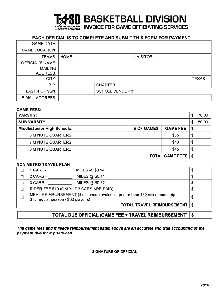 INVOICE for GAME OFFICIATING SERVICES  Form