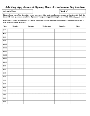 Advising Appointment Sign Up Sheet for Advance Registration  Form