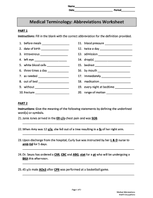 Medical Terminology Abbreviations Worksheet  Form