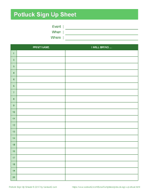 Potluck Sign Up Sheet  Form