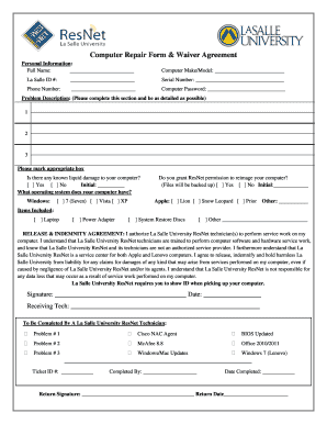 Computer Repair Form &amp; Waiver Agreement