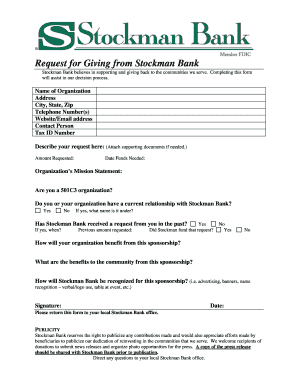 Request for Giving from Stockman Bank  Form