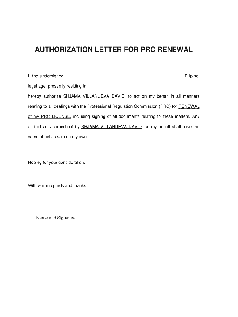 AUTHORIZATION LETTER for PRC RENEWAL  Form