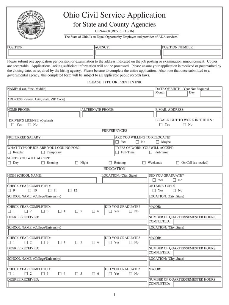  Ohio Civil Service Application Fill in 2016-2024