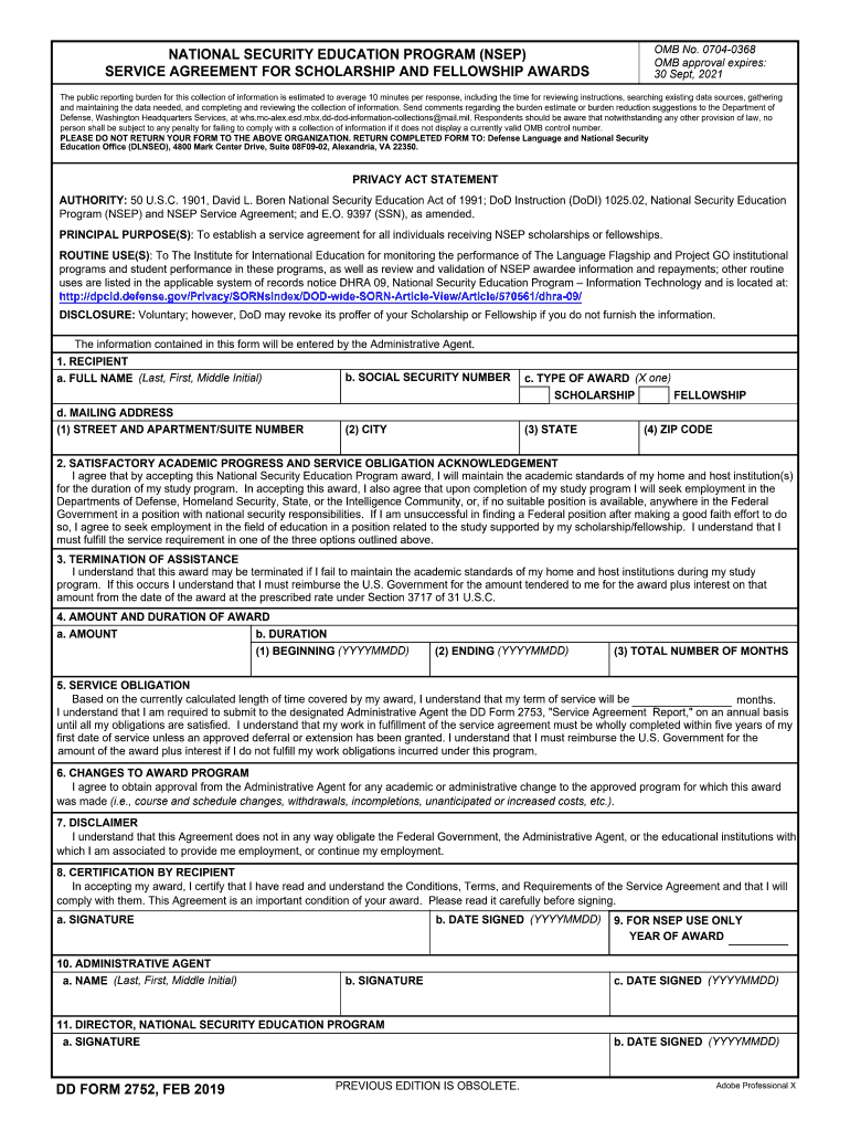  DD Form 2752, NSEP Service Agreement for Scholarship and Fellowship Awards, November 2019-2024