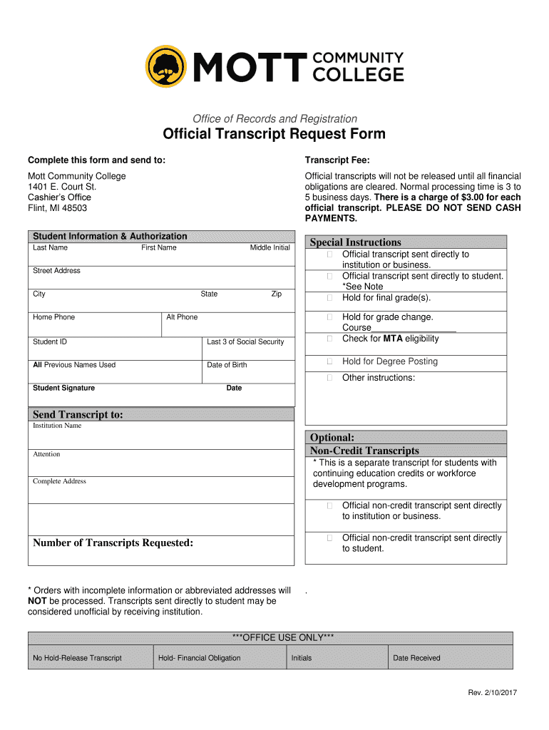  Mcc Transcript Request Form 2017-2024