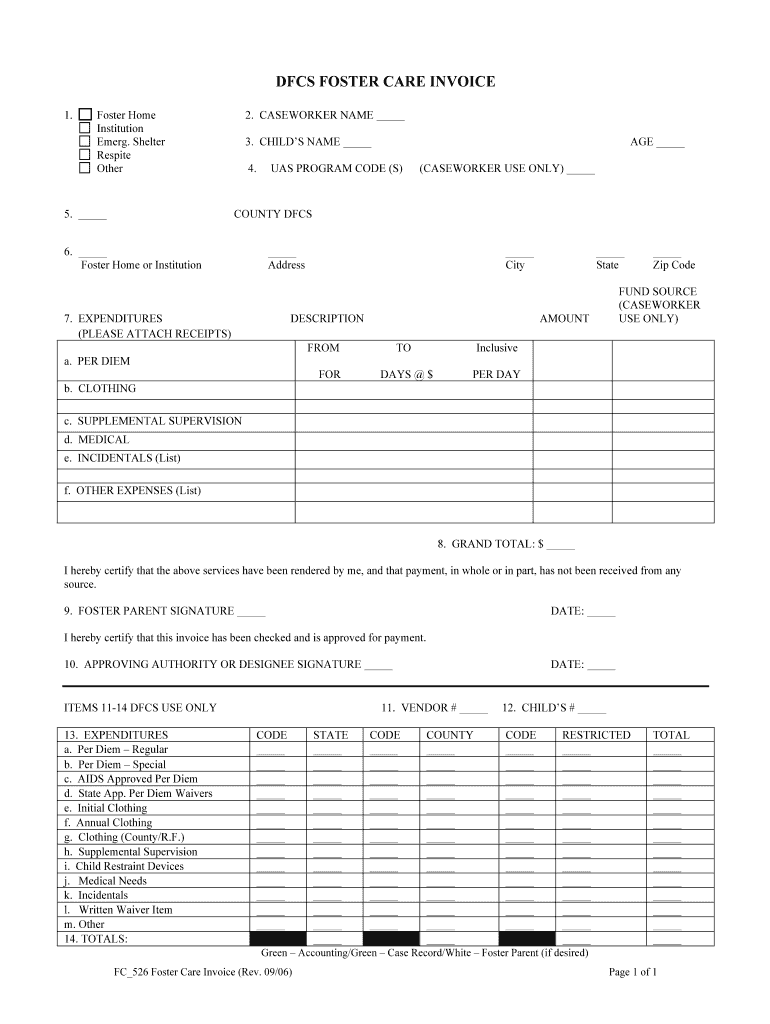 DFCS FOSTER CARE INVOICE  Form